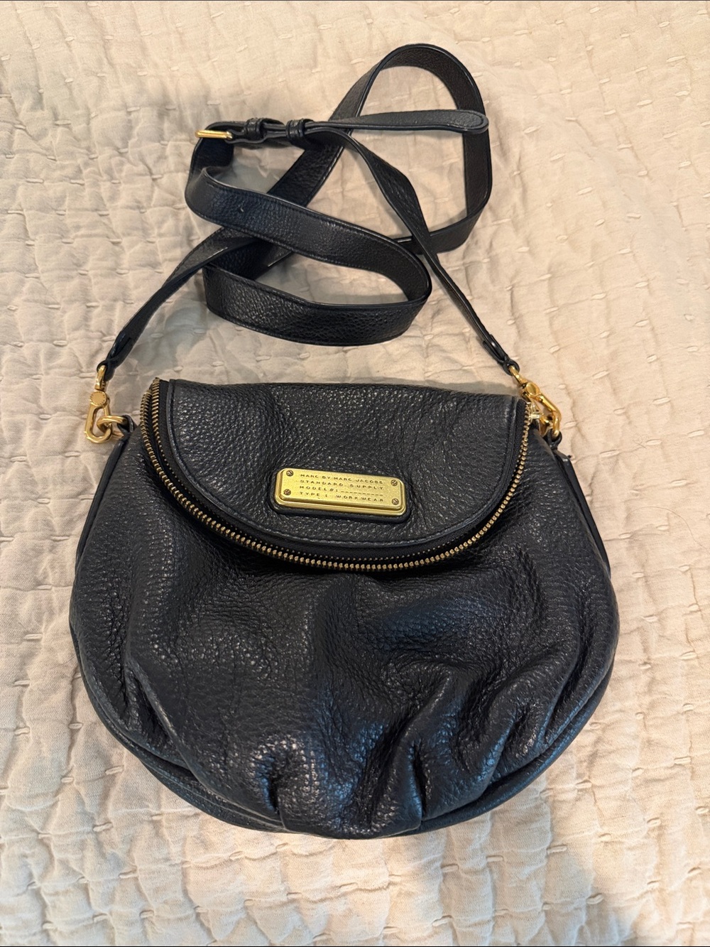 Marc Jacobs Textured Black Leather Crossbody with Gold Plate